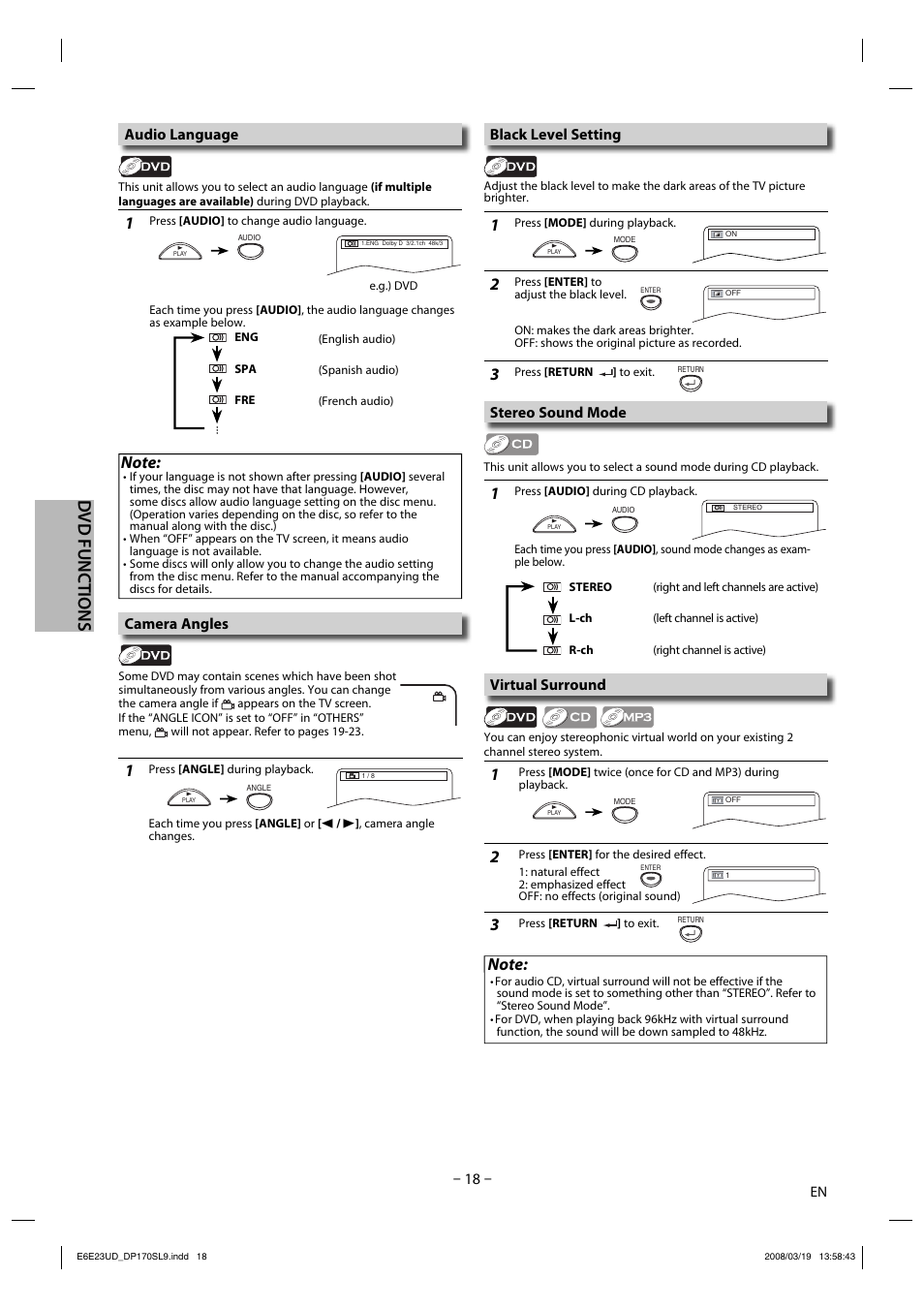 Dvd functions, Camera angles, Black level setting | Stereo sound mode virtual surround, Audio language | Sylvania DP170SL9 User Manual | Page 18 / 28