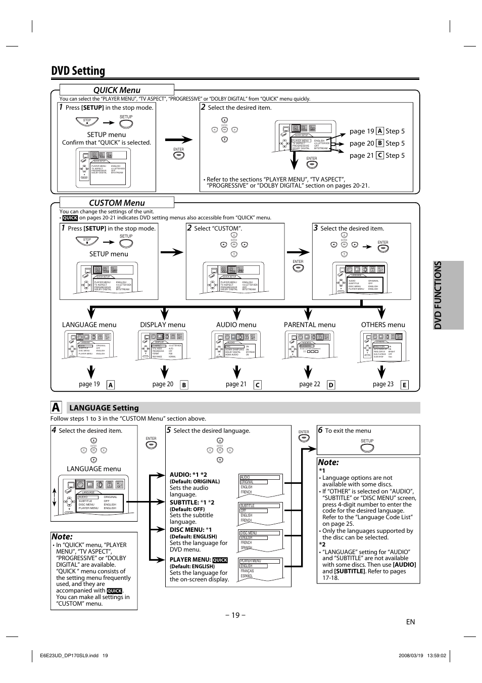 Dvd setting, Dvd functions, Quick menu | Custom menu, Language setting, Page 19, Step 5 page 20, Step 5 page 21, Step 5 setup menu, Page 20 | Sylvania DP170SL9 User Manual | Page 19 / 28