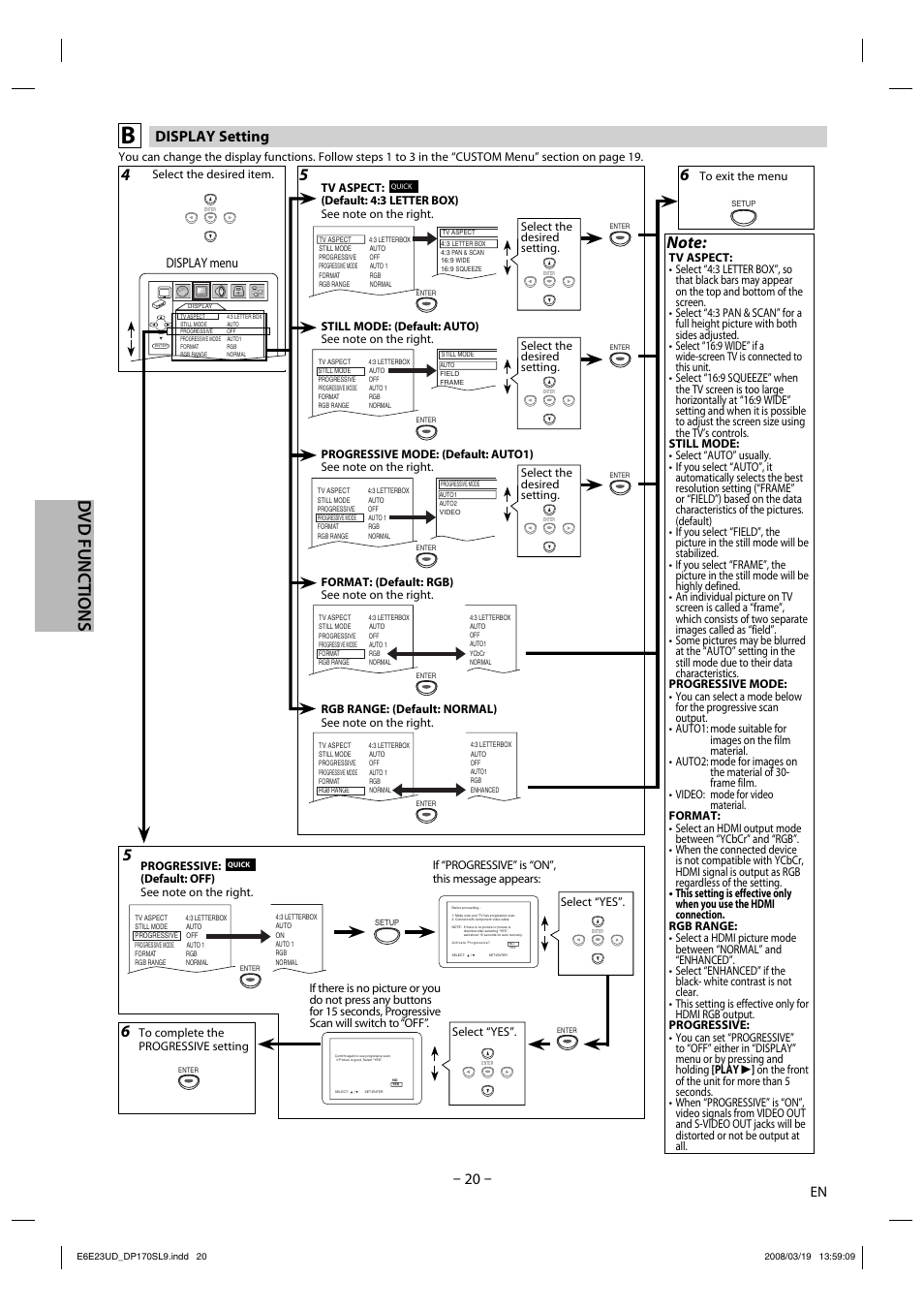 Dvd functions, Display setting, Display menu | Sylvania DP170SL9 User Manual | Page 20 / 28