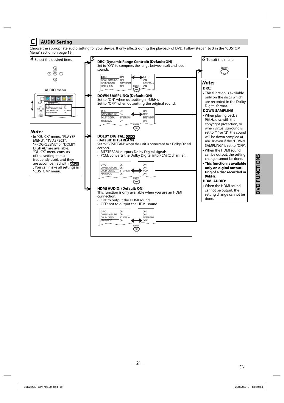 Dvd functions, 21 – audio setting | Sylvania DP170SL9 User Manual | Page 21 / 28