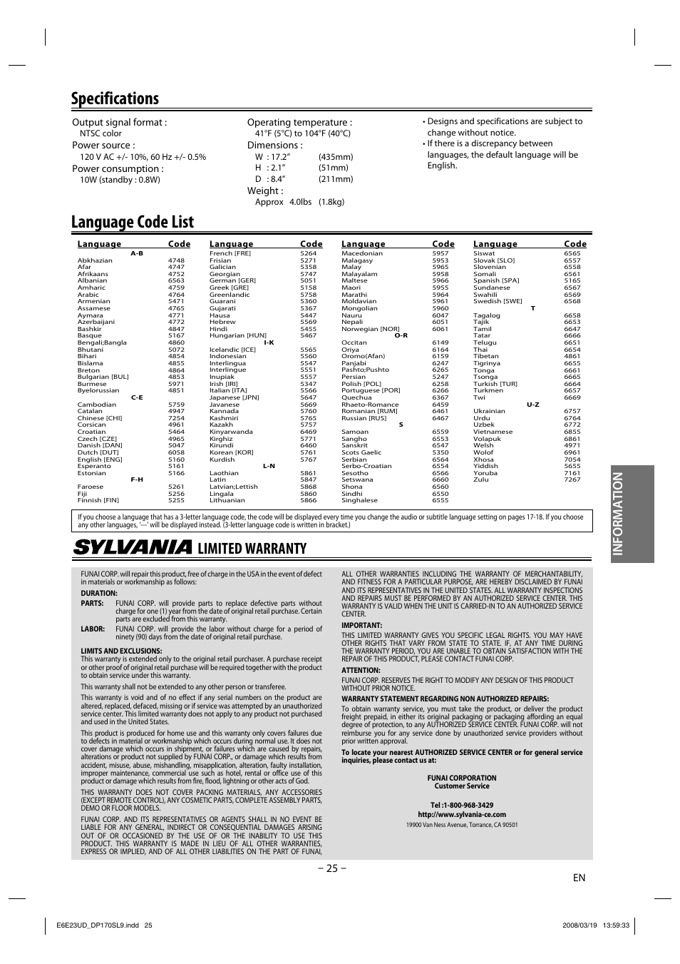 Specifications, Language code list, Limited warranty | Information, Output signal format, Power source, Power consumption, Operating temperature, Dimensions, Weight | Sylvania DP170SL9 User Manual | Page 25 / 28