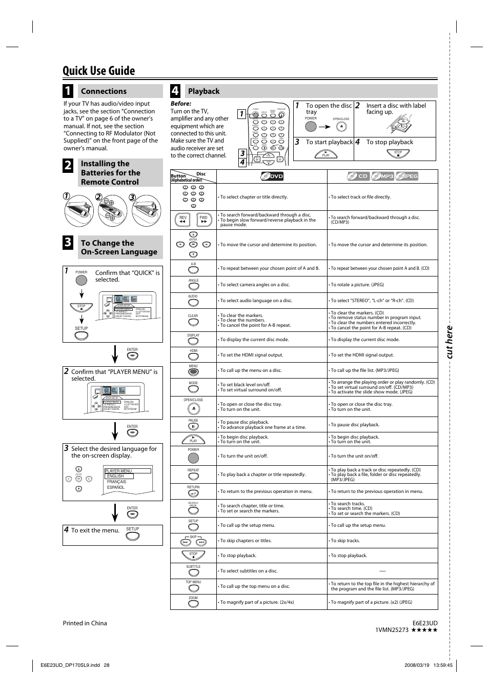 Quick use guide, Cut here, Connections playback | Installing the batteries for the remote control, Confirm that “quick” is selected, Confirm that “player menu” is selected, Insert a disc with label facing up | Sylvania DP170SL9 User Manual | Page 28 / 28