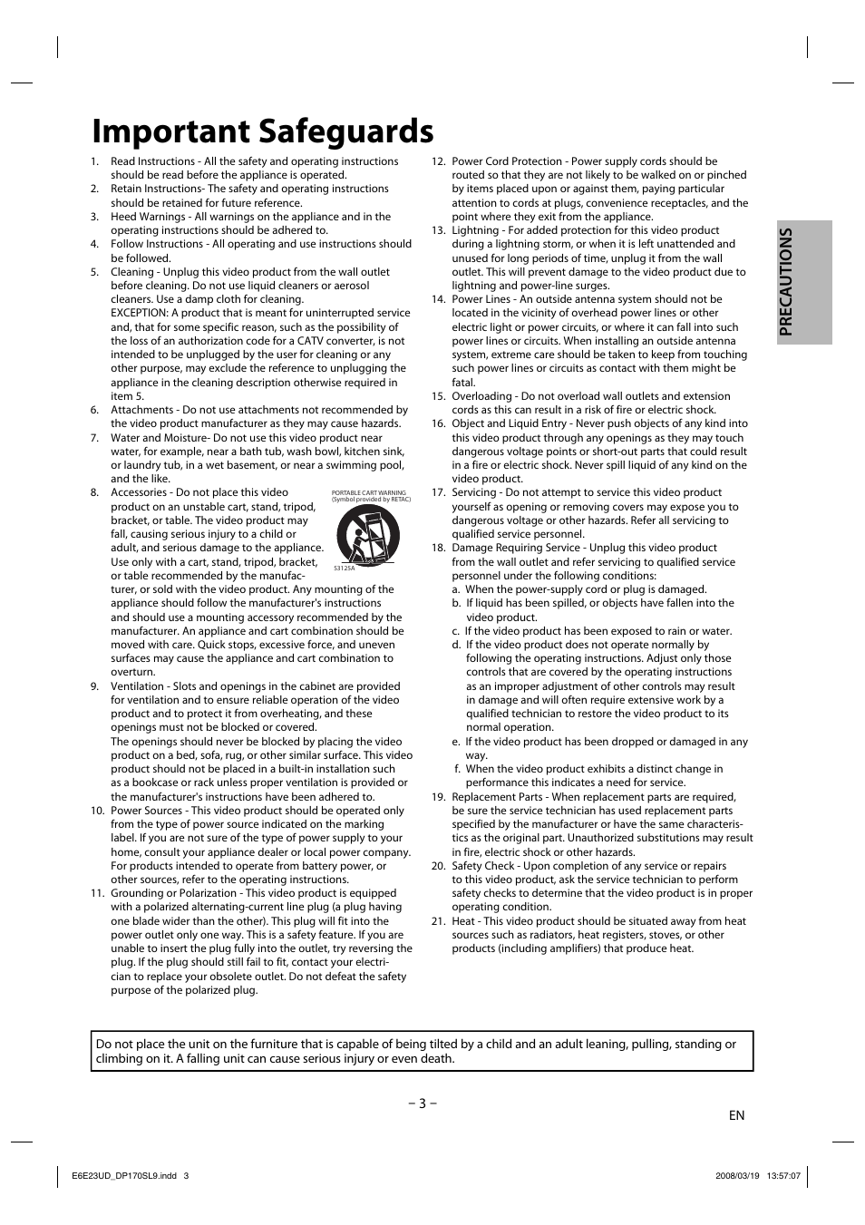 Important safeguards, Precautions | Sylvania DP170SL9 User Manual | Page 3 / 28