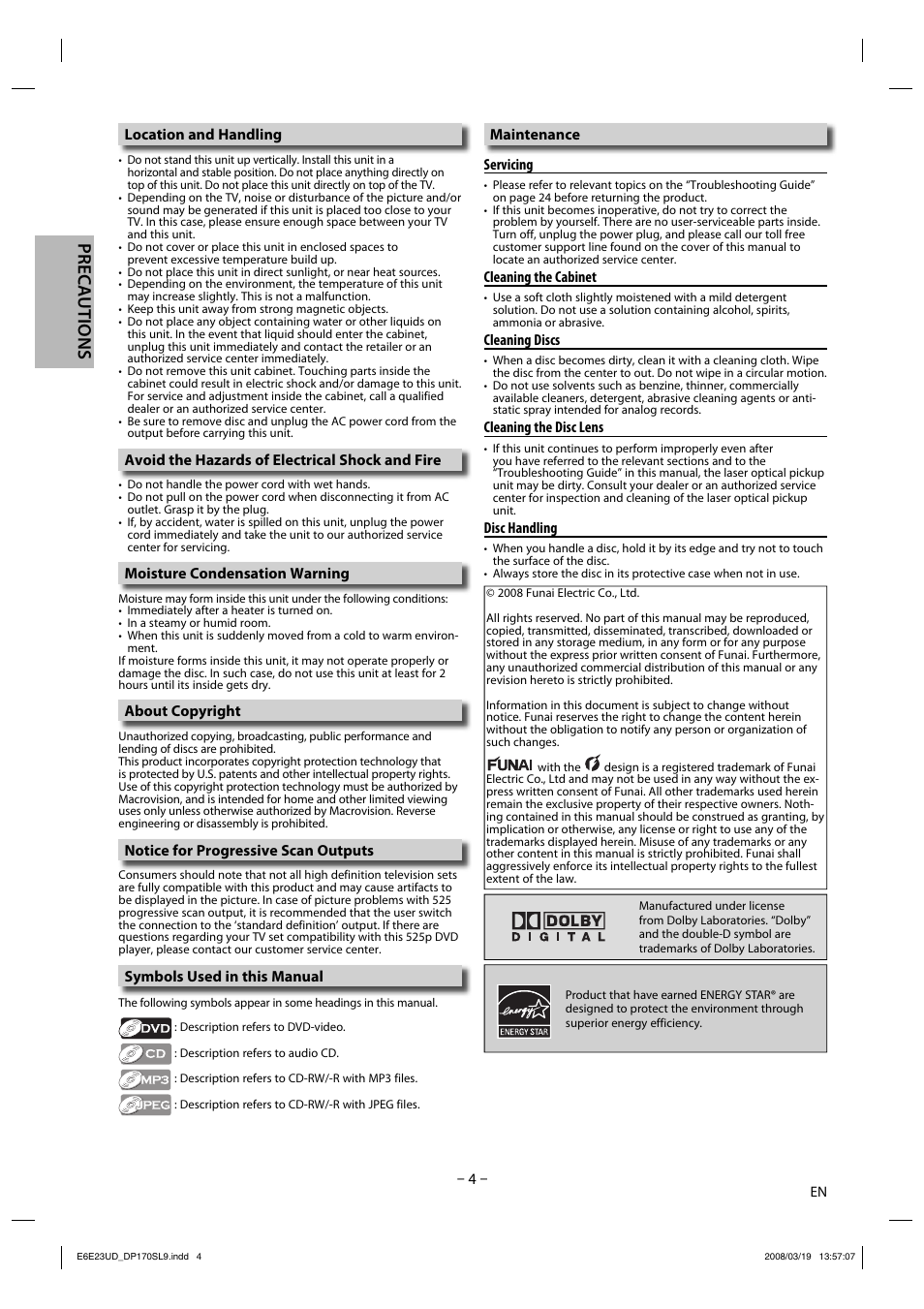 Precautions | Sylvania DP170SL9 User Manual | Page 4 / 28
