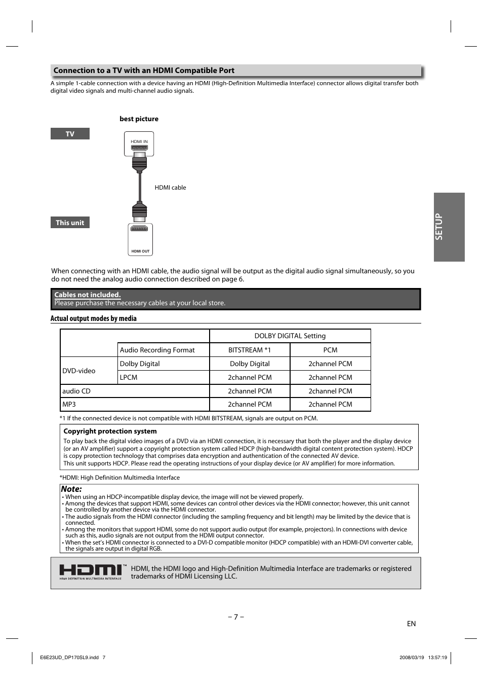 Setup | Sylvania DP170SL9 User Manual | Page 7 / 28