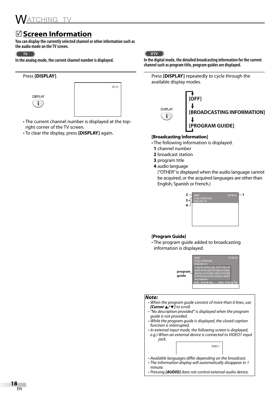 Atching tv, Screen information | Sylvania LD200SL8 User Manual | Page 18 / 48