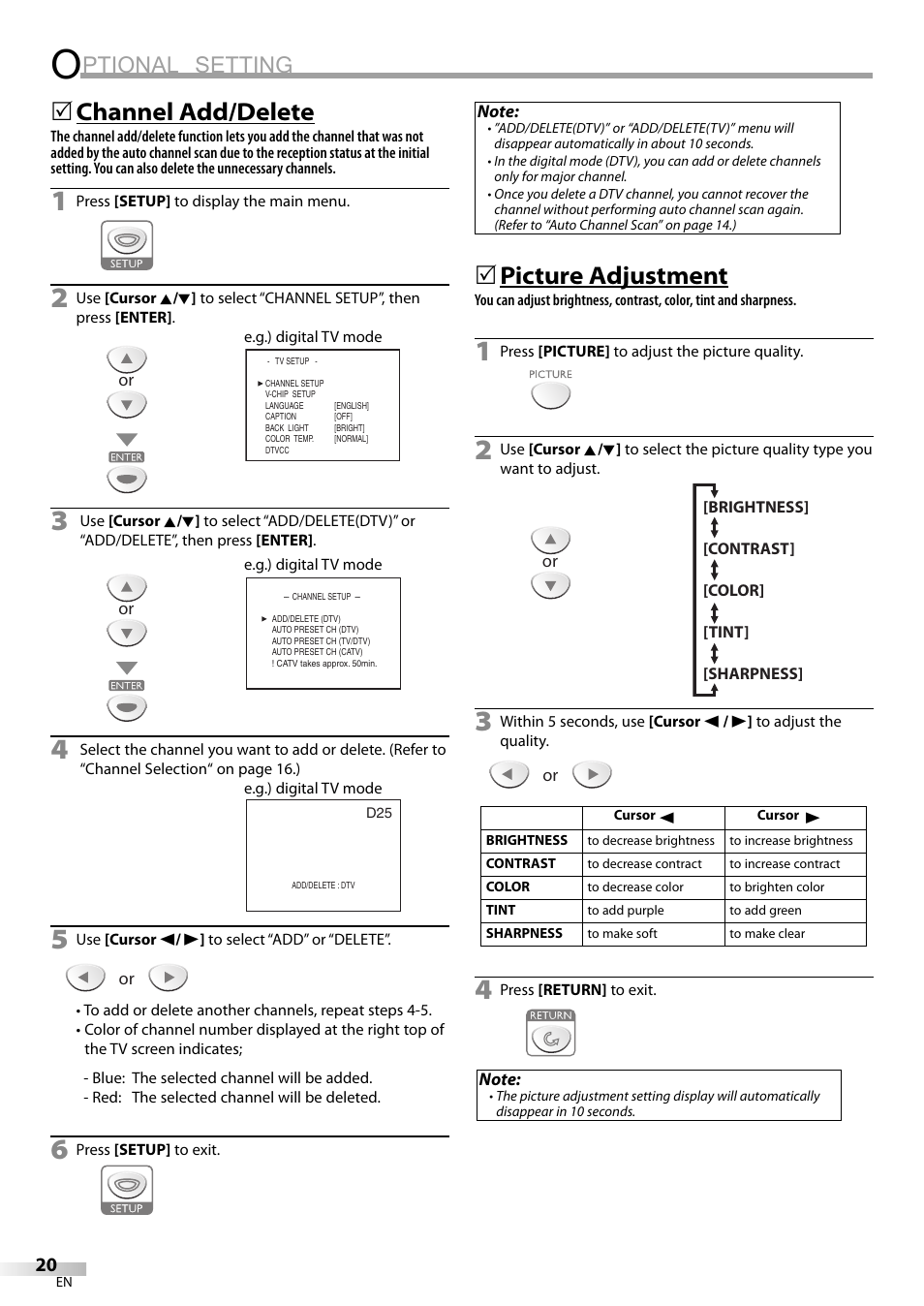 Ptional setting, Channel add/delete, Picture adjustment | Sylvania LD200SL8 User Manual | Page 20 / 48