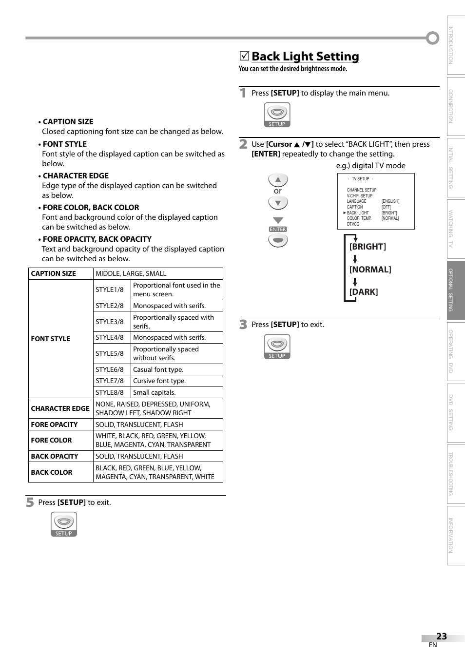 Back light setting | Sylvania LD200SL8 User Manual | Page 23 / 48