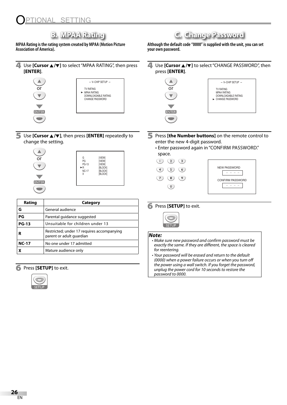 Ptional setting, B. mpaa rating, C. change password | Sylvania LD200SL8 User Manual | Page 26 / 48