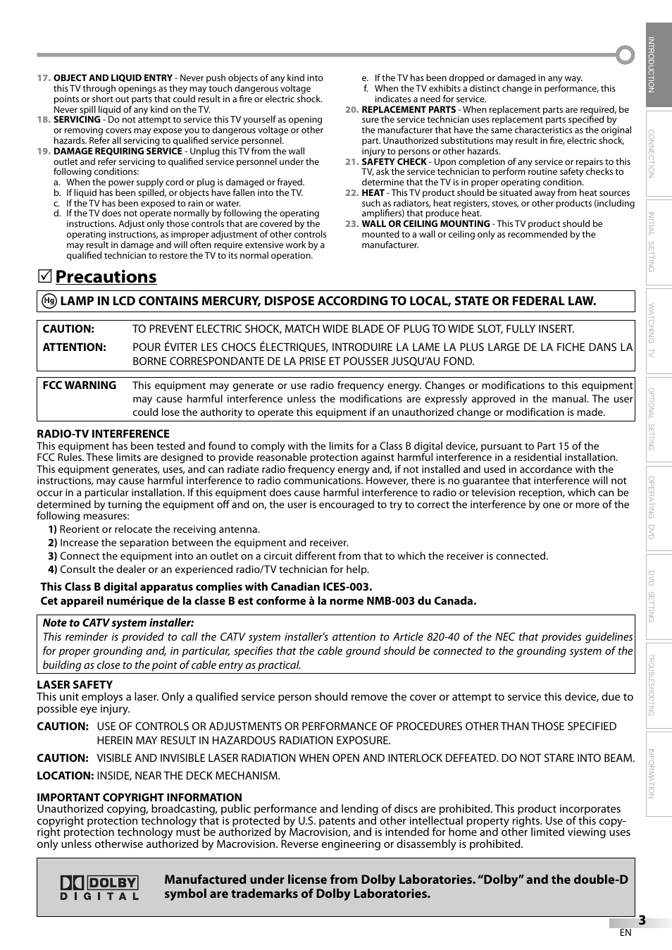 Precautions | Sylvania LD200SL8 User Manual | Page 3 / 48