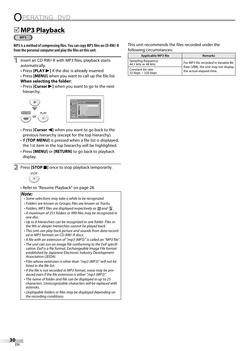Perating dvd, Mp3 playback | Sylvania LD200SL8 User Manual | Page 30 / 48
