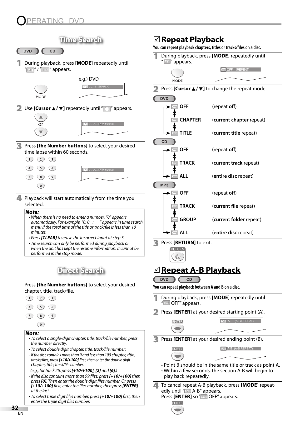 Perating dvd, Time search, Direct search | Repeat playback, Repeat a-b playback | Sylvania LD200SL8 User Manual | Page 32 / 48