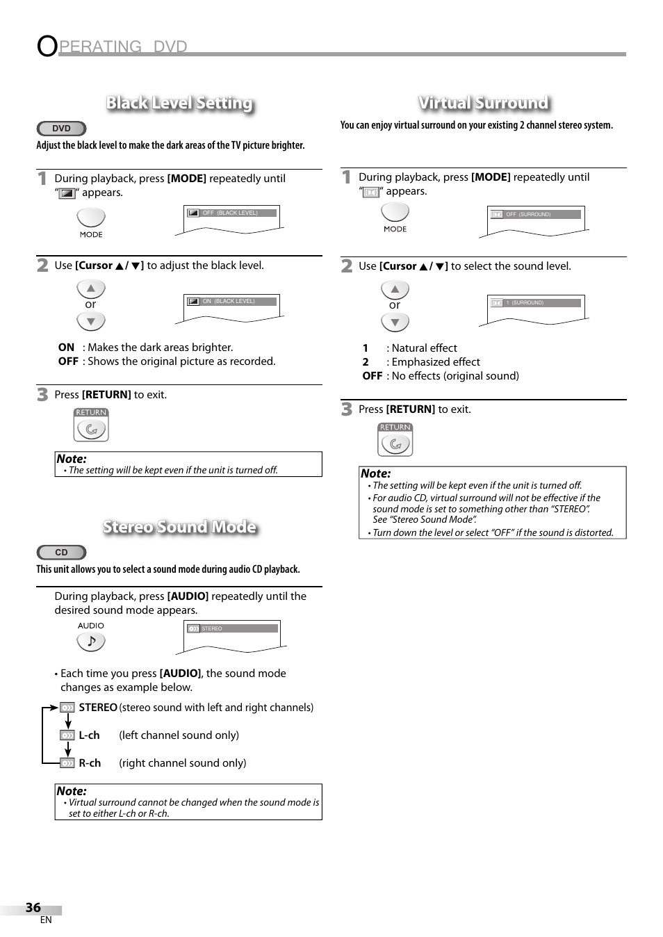 Perating dvd, Black level setting, Stereo sound mode | Virtual surround | Sylvania LD200SL8 User Manual | Page 36 / 48