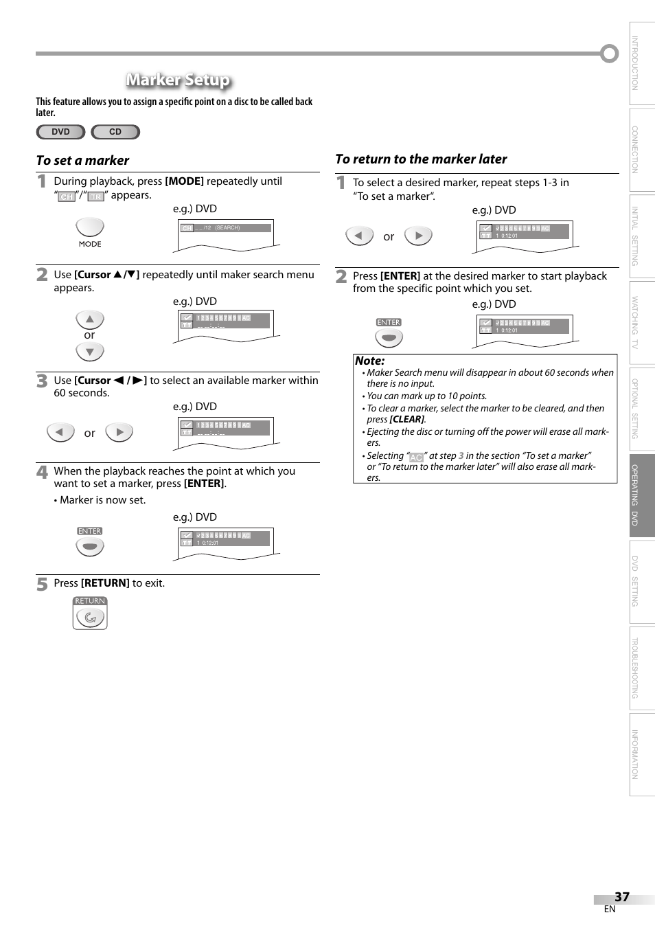 Marker setup | Sylvania LD200SL8 User Manual | Page 37 / 48