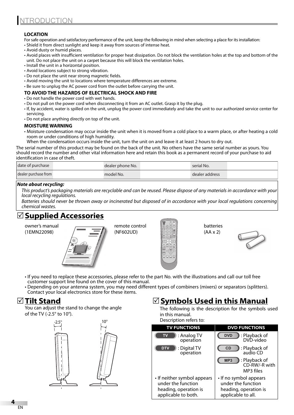 Ntroduction, Supplied accessories 5, Tilt stand | 5symbols used in this manual 5 | Sylvania LD200SL8 User Manual | Page 4 / 48