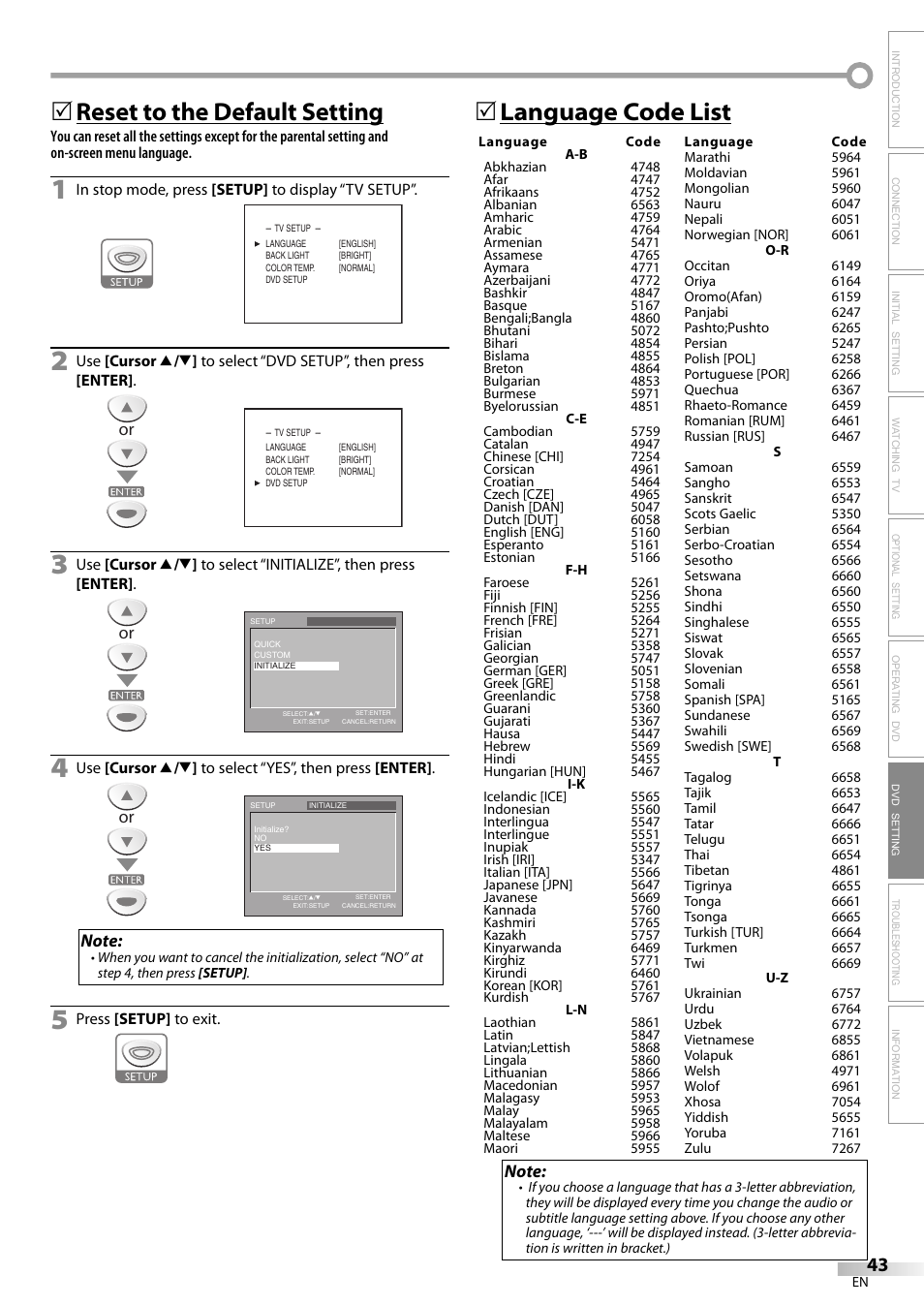 Reset to the default setting, 5language code list | Sylvania LD200SL8 User Manual | Page 43 / 48