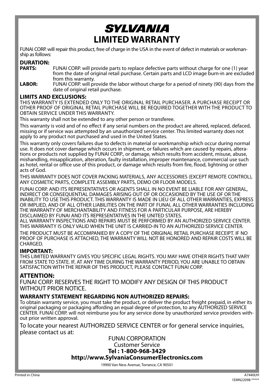 Limited warranty | Sylvania LD200SL8 User Manual | Page 48 / 48