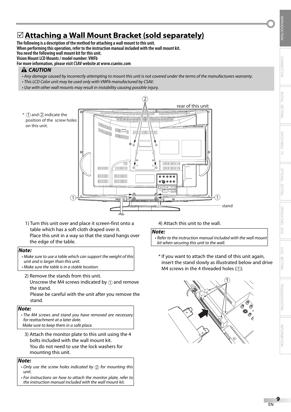 Attaching a wall mount bracket (sold separately), Caution | Sylvania LD200SL8 User Manual | Page 9 / 48