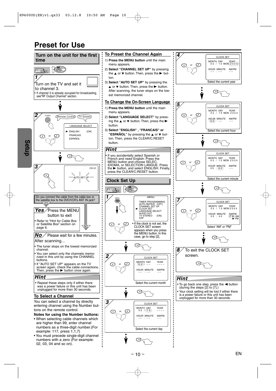 Preset for use, Setup, Hint | Yes es, Turn on the unit for the first time, Clock set up | Sylvania DVC860E User Manual | Page 10 / 28