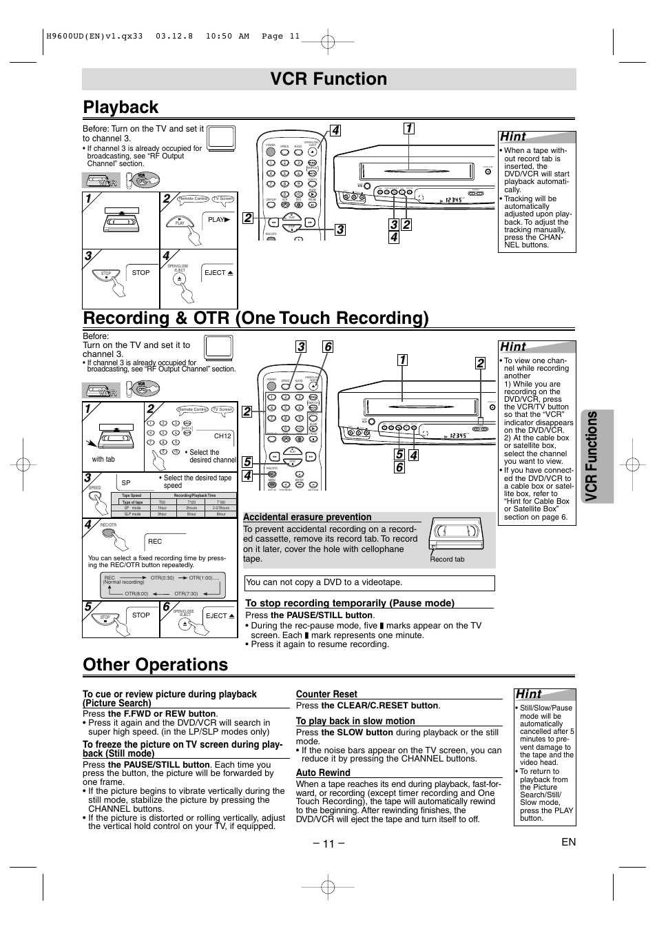 Recording & otr (one touch recording) playback, Other operations, Vcr function | Vcr functions, Hint, Accidental erasure prevention, Counter reset, Auto rewind | Sylvania DVC860E User Manual | Page 11 / 28