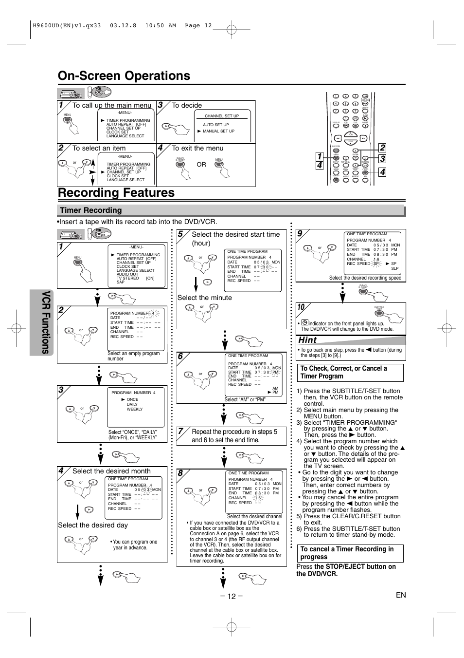 On-screen operations, Recording features, Vcr functions | Hint, Timer recording, Insert a tape with its record tab into the dvd/vcr, Select the desired month select the desired day | Sylvania DVC860E User Manual | Page 12 / 28