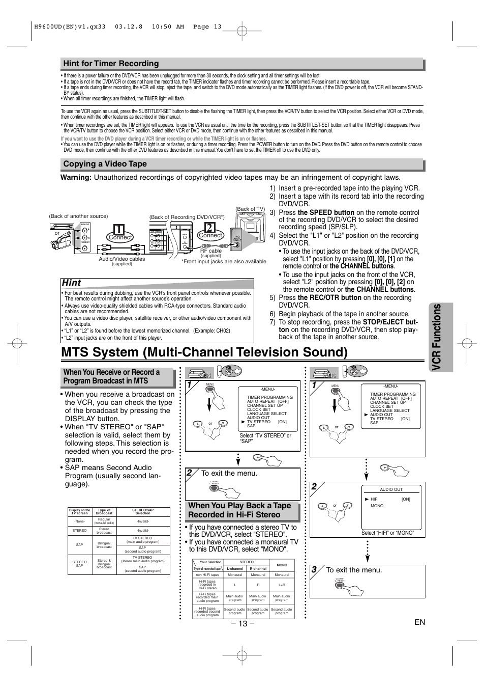 Mts system (multi-channel television sound), Vcr functions, Hint | Copying a video tape, Hint for timer recording, Component video out, Connect | Sylvania DVC860E User Manual | Page 13 / 28