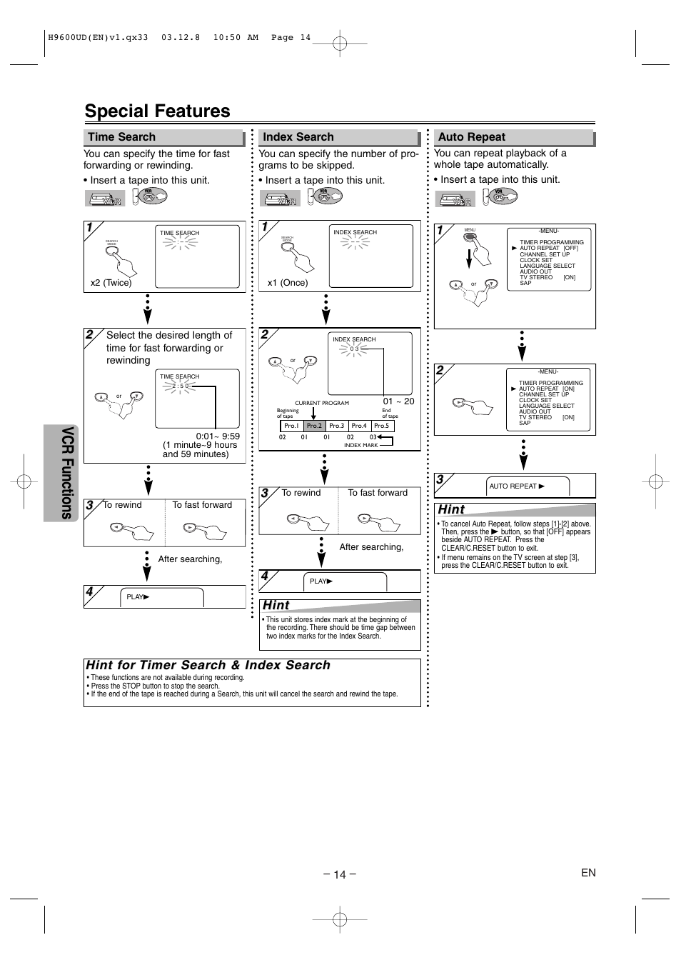 Special features, Vcr functions, Hint f | Hint, Time search index search auto repeat | Sylvania DVC860E User Manual | Page 14 / 28