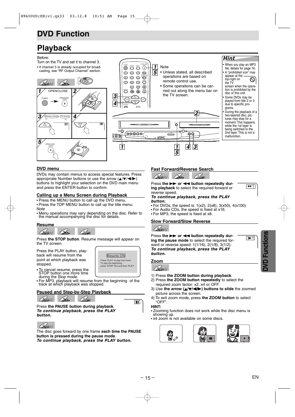 Playback, Dvd function, Dvd functions | 52 2 hint hint | Sylvania DVC860E User Manual | Page 15 / 28