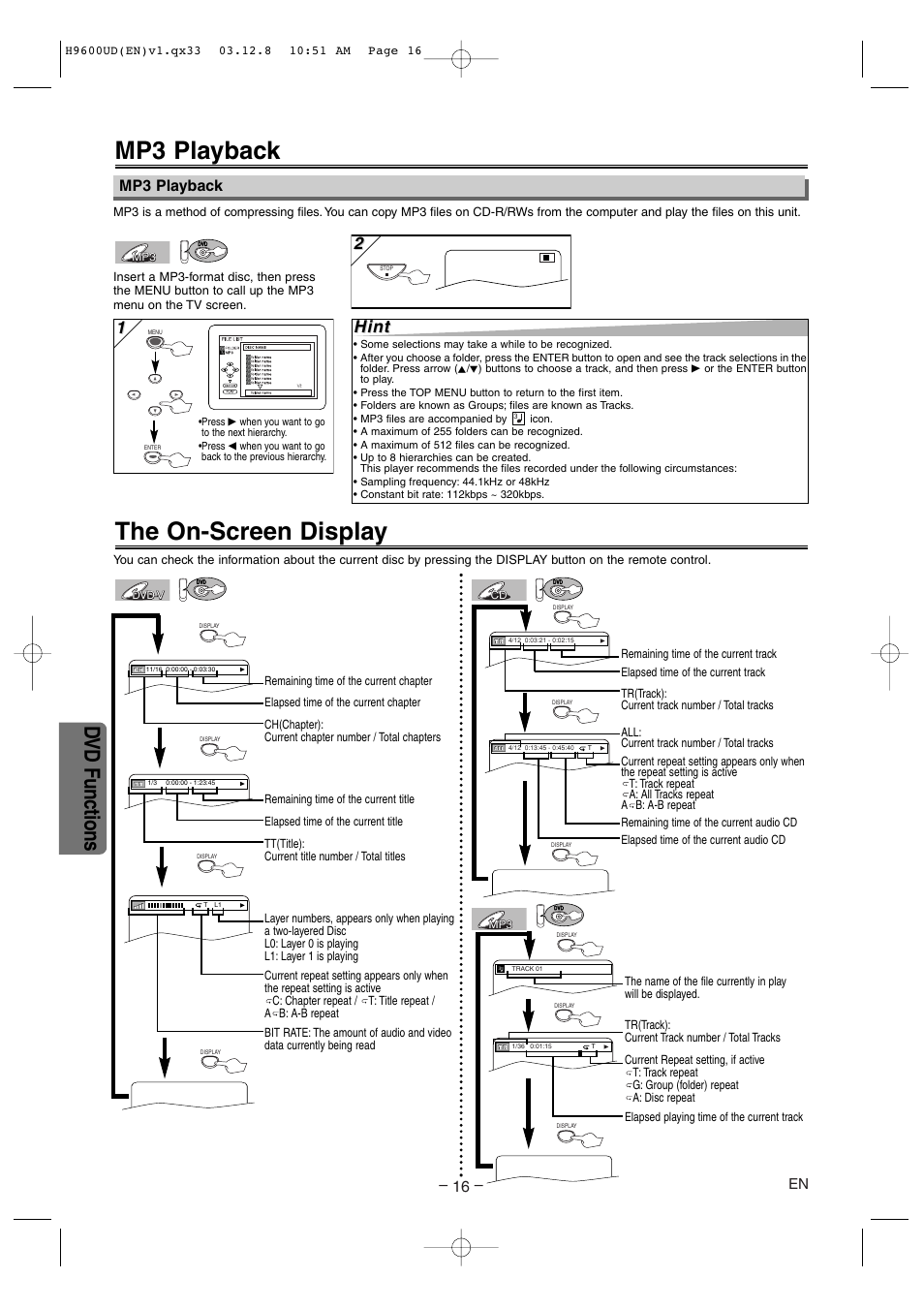 Mp3 playback, The on-screen display, Dvd functions | Hint | Sylvania DVC860E User Manual | Page 16 / 28