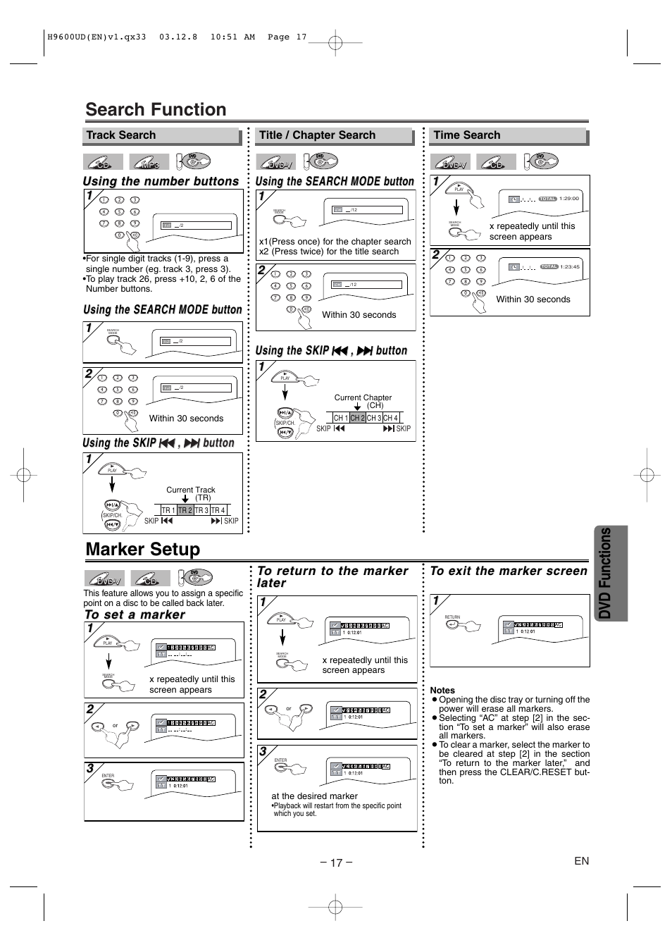 Search function, Marker setup, Dvd functions | Using the search, Using the search mode mode b b utton utton 1 1, Using the n, Using the n umber b umber b uttons uttons, Using the search mode mode b b utton utton, Using the skip, Time search | Sylvania DVC860E User Manual | Page 17 / 28