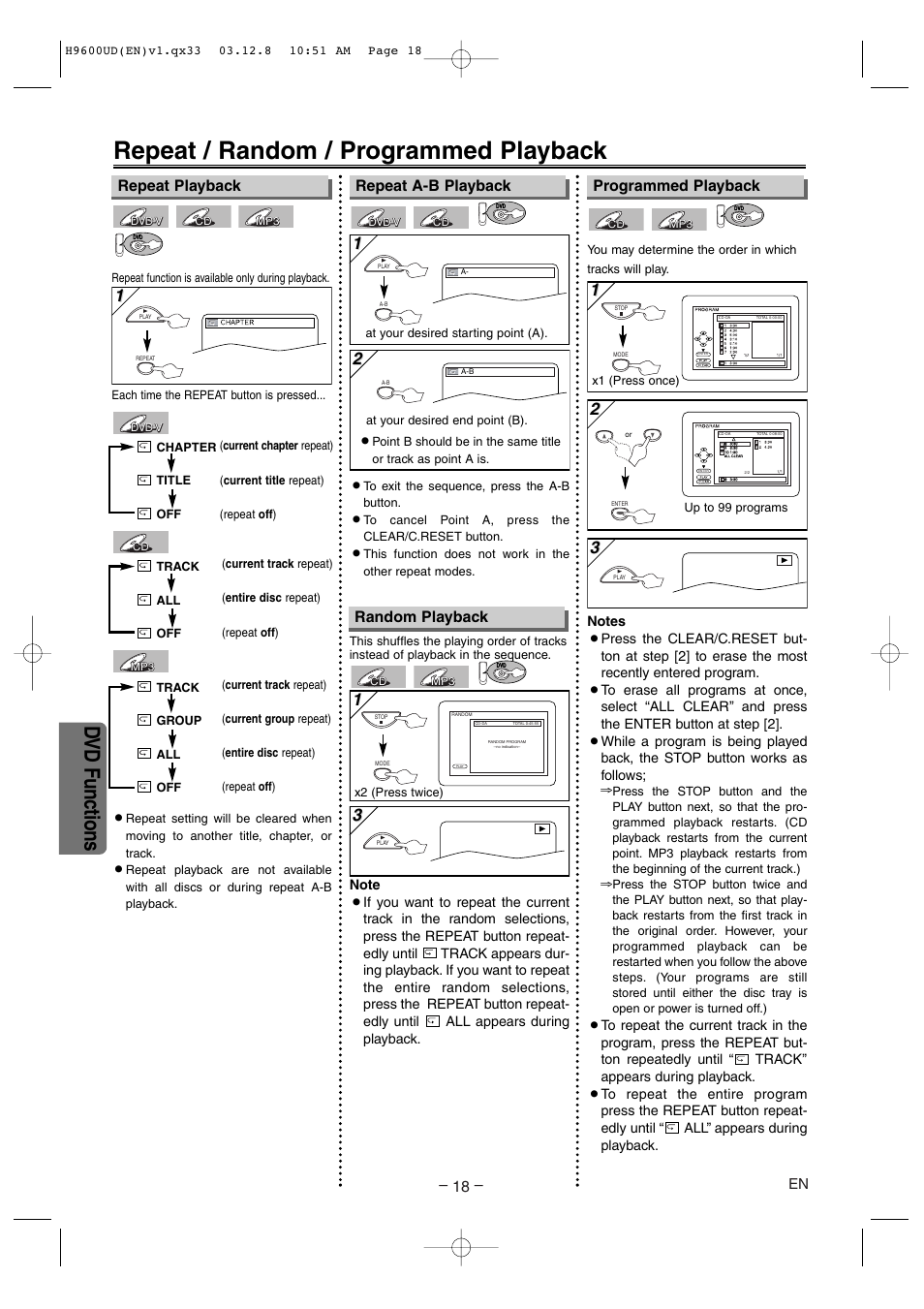 Repeat / random / programmed playback, Dvd functions, Repeat playback programmed playback | Repeat a-b playback, Random playback | Sylvania DVC860E User Manual | Page 18 / 28