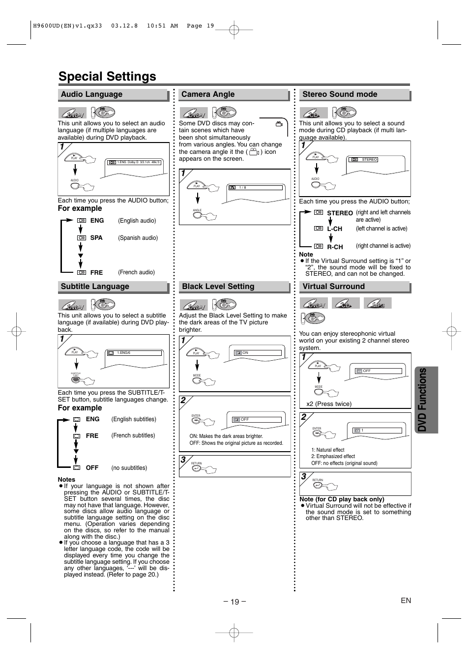 Special settings, Dvd functions, Audio language | For example, Stereo sound mode camera angle, For example subtitle language, Black level setting, Virtual surround | Sylvania DVC860E User Manual | Page 19 / 28