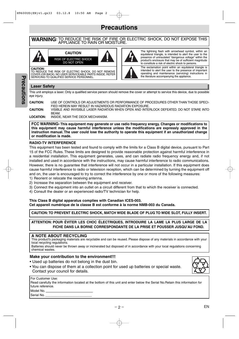 Precautions, Warning | Sylvania DVC860E User Manual | Page 2 / 28