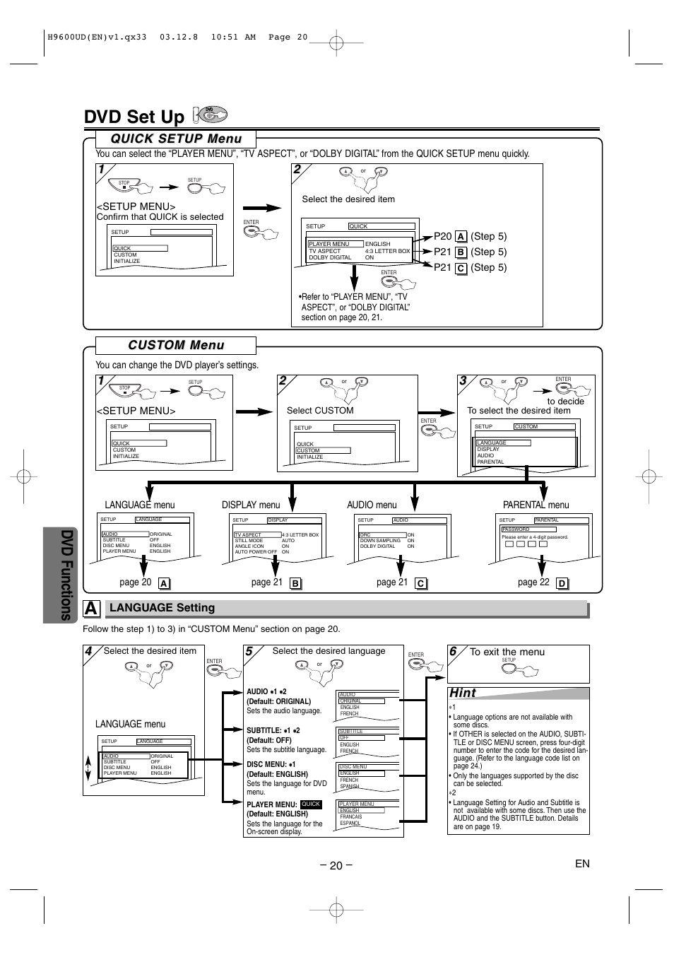 Dvd set up, Dvd functions, Cust | Cust om men om men u u, Hint, Quick setup men uick setup men u u, Language setting | Sylvania DVC860E User Manual | Page 20 / 28