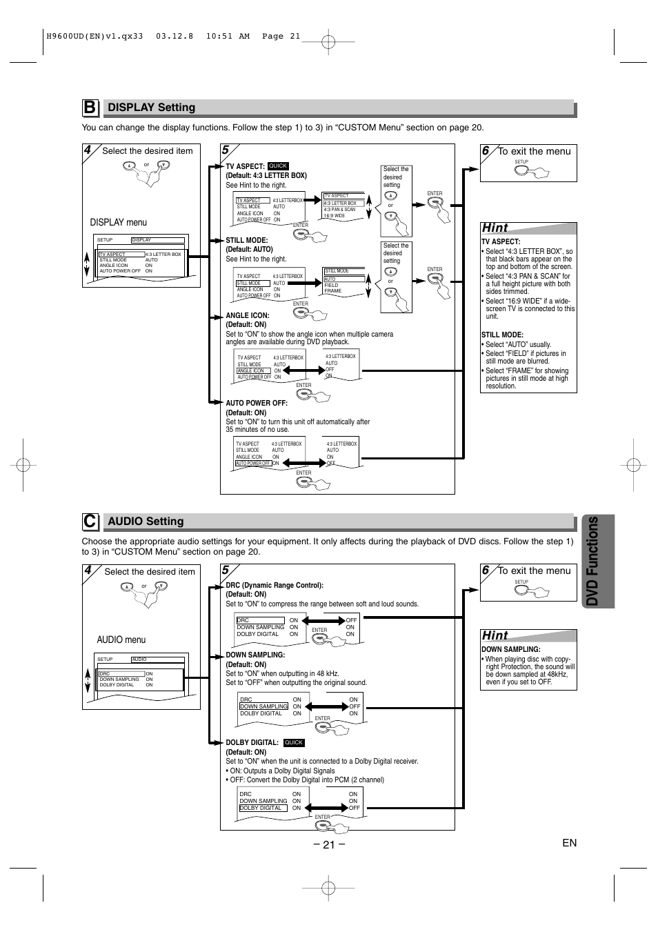 Dvd functions, Hint, Display setting | Audio setting, Display menu, Audio menu | Sylvania DVC860E User Manual | Page 21 / 28