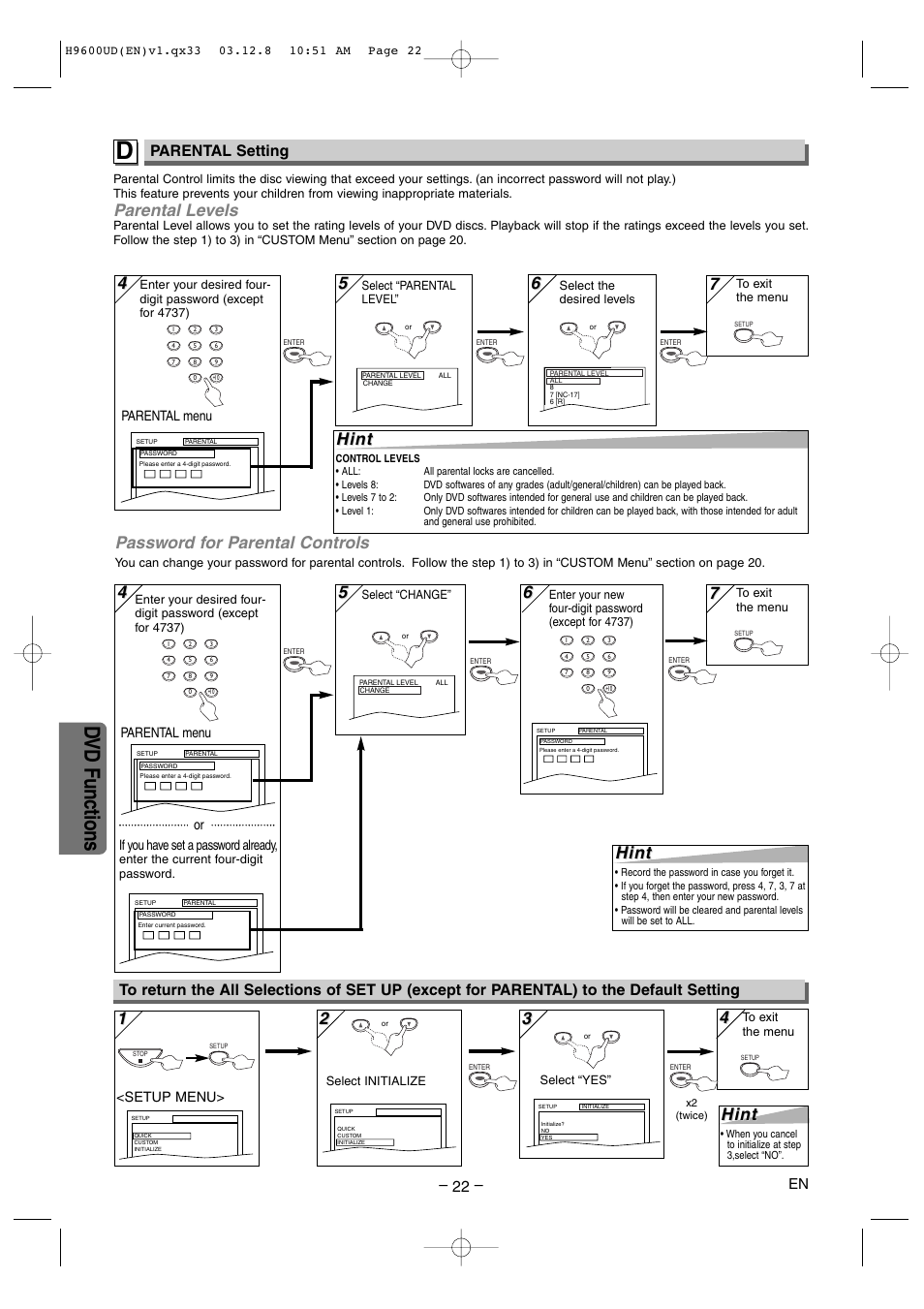 Dvd functions, Parental levels, Password for parental controls | Hint, Parental setting, Parental menu, If you have set a password already, Setup menu | Sylvania DVC860E User Manual | Page 22 / 28