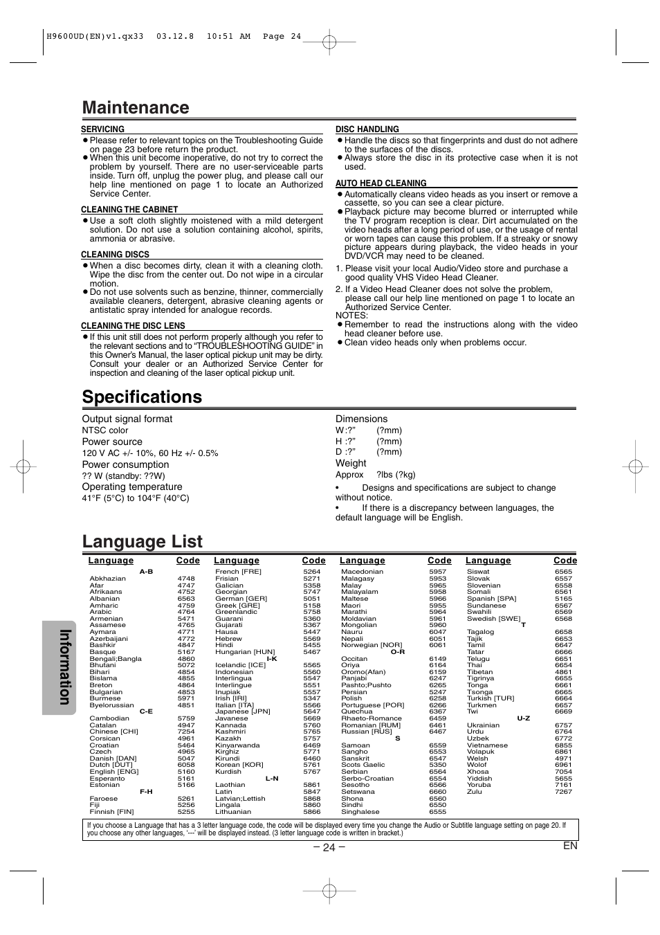 Language list maintenance, Specifications, Inf ormation | Output signal format, Power source, Power consumption, Operating temperature, Dimensions, Weight | Sylvania DVC860E User Manual | Page 24 / 28