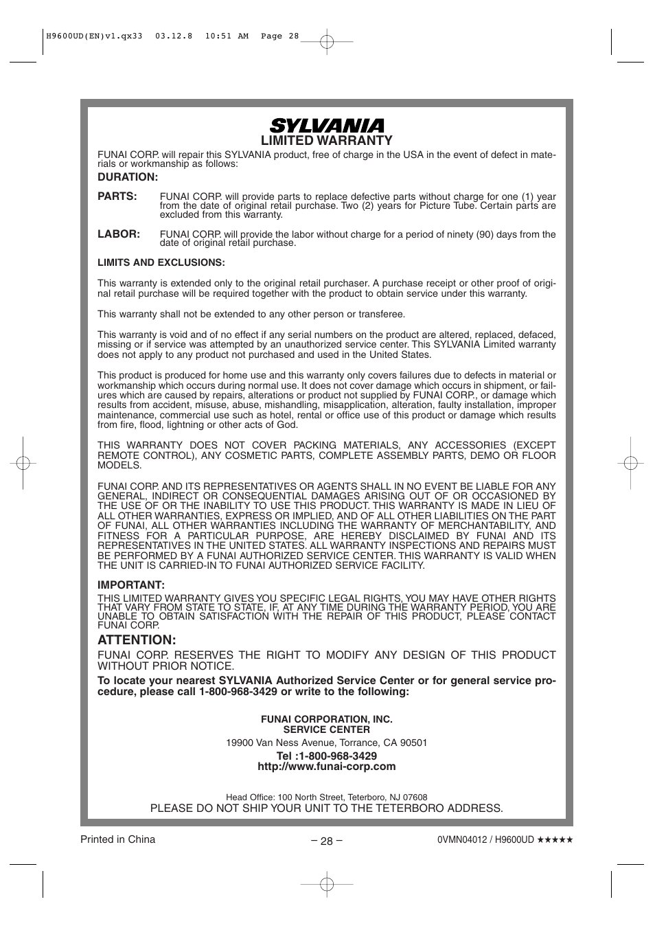 Limited warranty, Attention | Sylvania DVC860E User Manual | Page 28 / 28