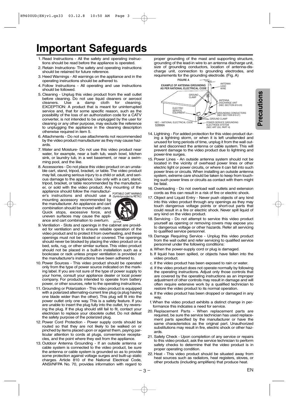 Important safeguards, Precautions | Sylvania DVC860E User Manual | Page 3 / 28