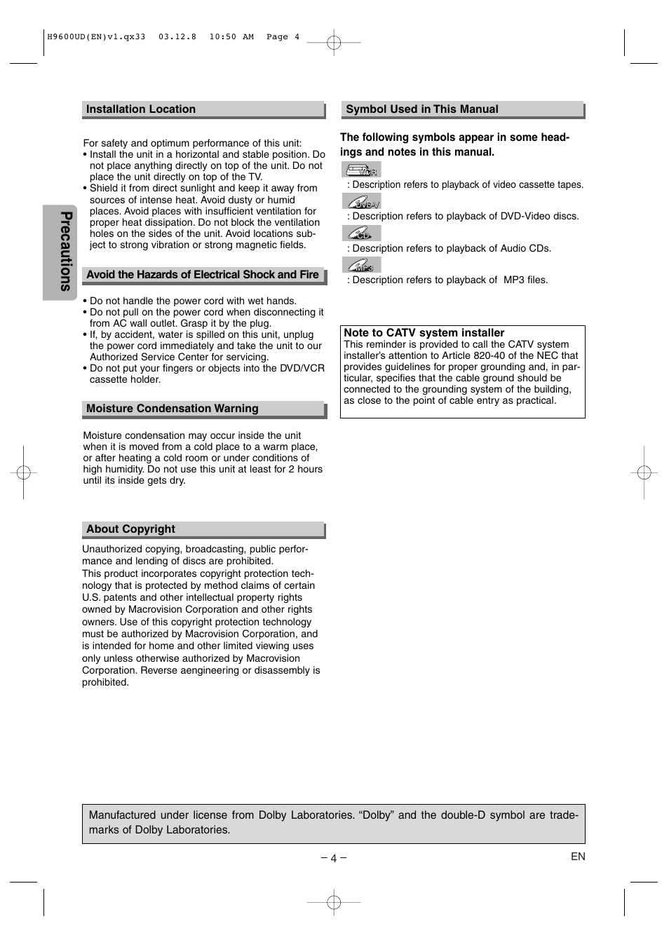 Precautions | Sylvania DVC860E User Manual | Page 4 / 28