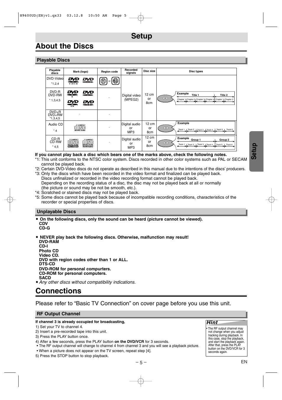 About the discs, Connections, Setup | Hint, Playable discs unplayable discs, Rf output channel, Any other discs without compatibility indications | Sylvania DVC860E User Manual | Page 5 / 28