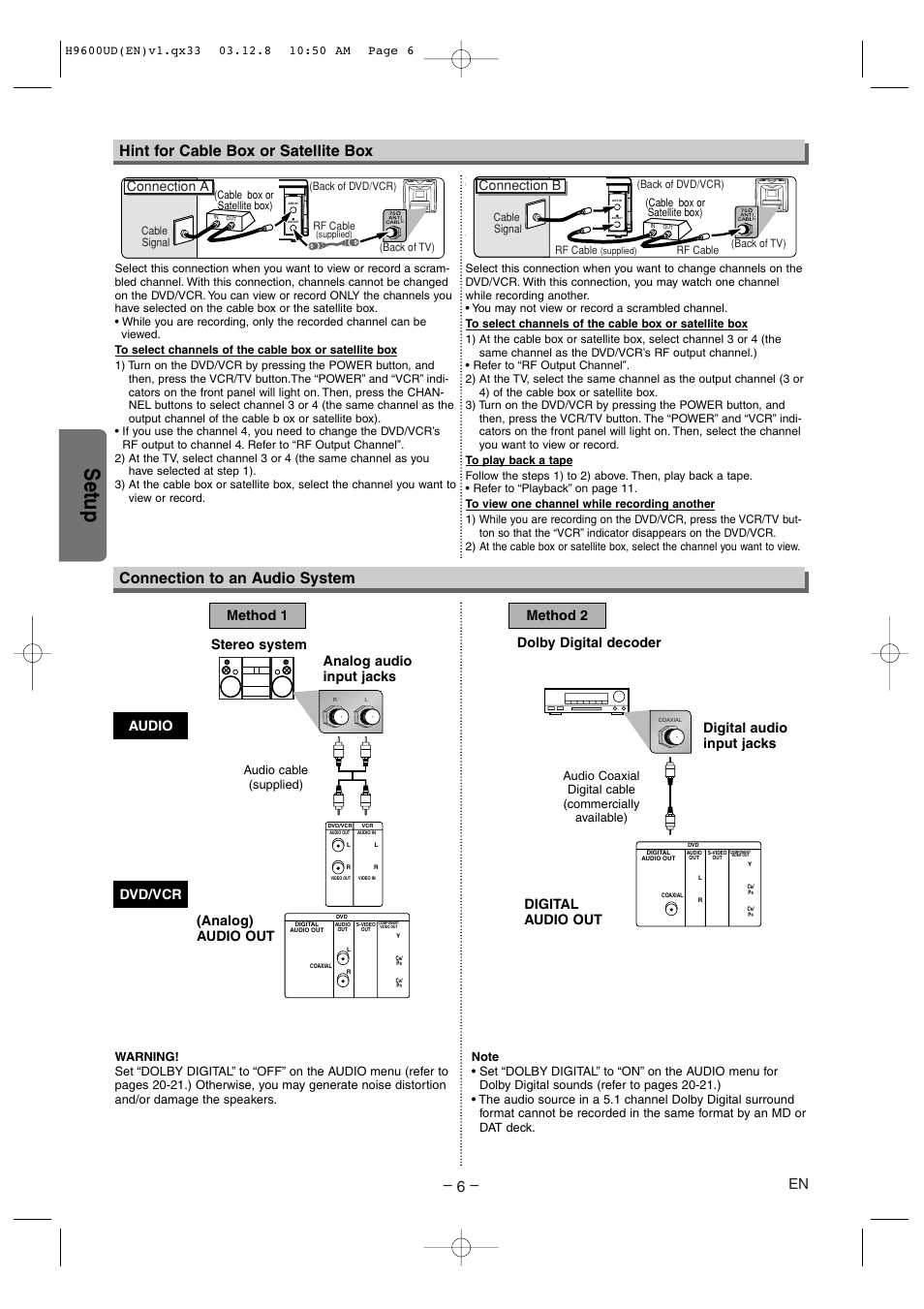 Setup, Hint for cable box or satellite box, Connection to an audio system | Connection a, Connection b, Stereo system, Dolby digital decoder | Sylvania DVC860E User Manual | Page 6 / 28