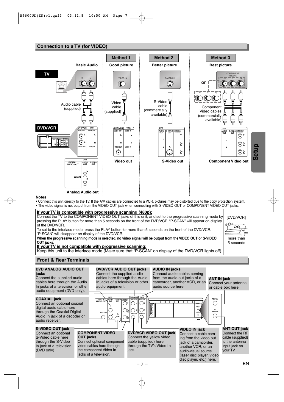 Setup, Front & rear terminals, Connection to a tv (for video) | Tv method 1, Method 2 method 3, Dvd/vcr, Analog audio out video out, Good picture basic audio | Sylvania DVC860E User Manual | Page 7 / 28