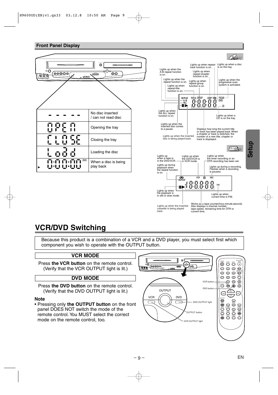 Vcr/dvd switching, Setup, Vcr mode | Dvd mode, Front panel display | Sylvania DVC860E User Manual | Page 9 / 28