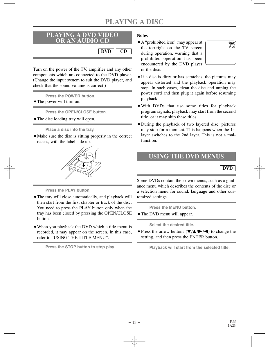 Playing a disc, Playing a dvd video or an audio cd, Using the dvd menus | Sylvania SRDV200 User Manual | Page 13 / 36