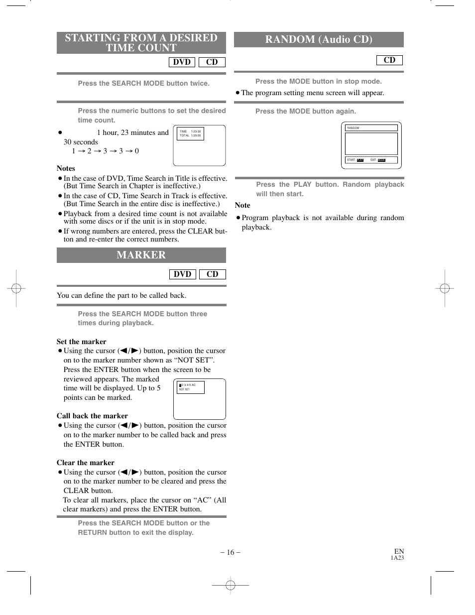 Starting from a desired time count, Marker, Random (audio cd) | Sylvania SRDV200 User Manual | Page 16 / 36