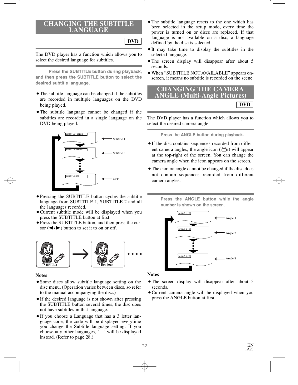 Changing the camera angle (multi-angle pictures), Changing the subtitle language | Sylvania SRDV200 User Manual | Page 22 / 36