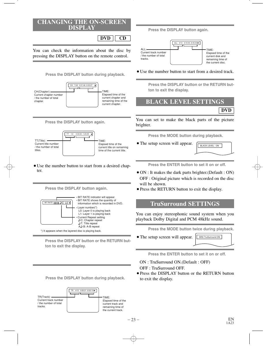 Changing the on-screen display, Black level settings, Trusurround settings | For dvds, For audio cds | Sylvania SRDV200 User Manual | Page 23 / 36