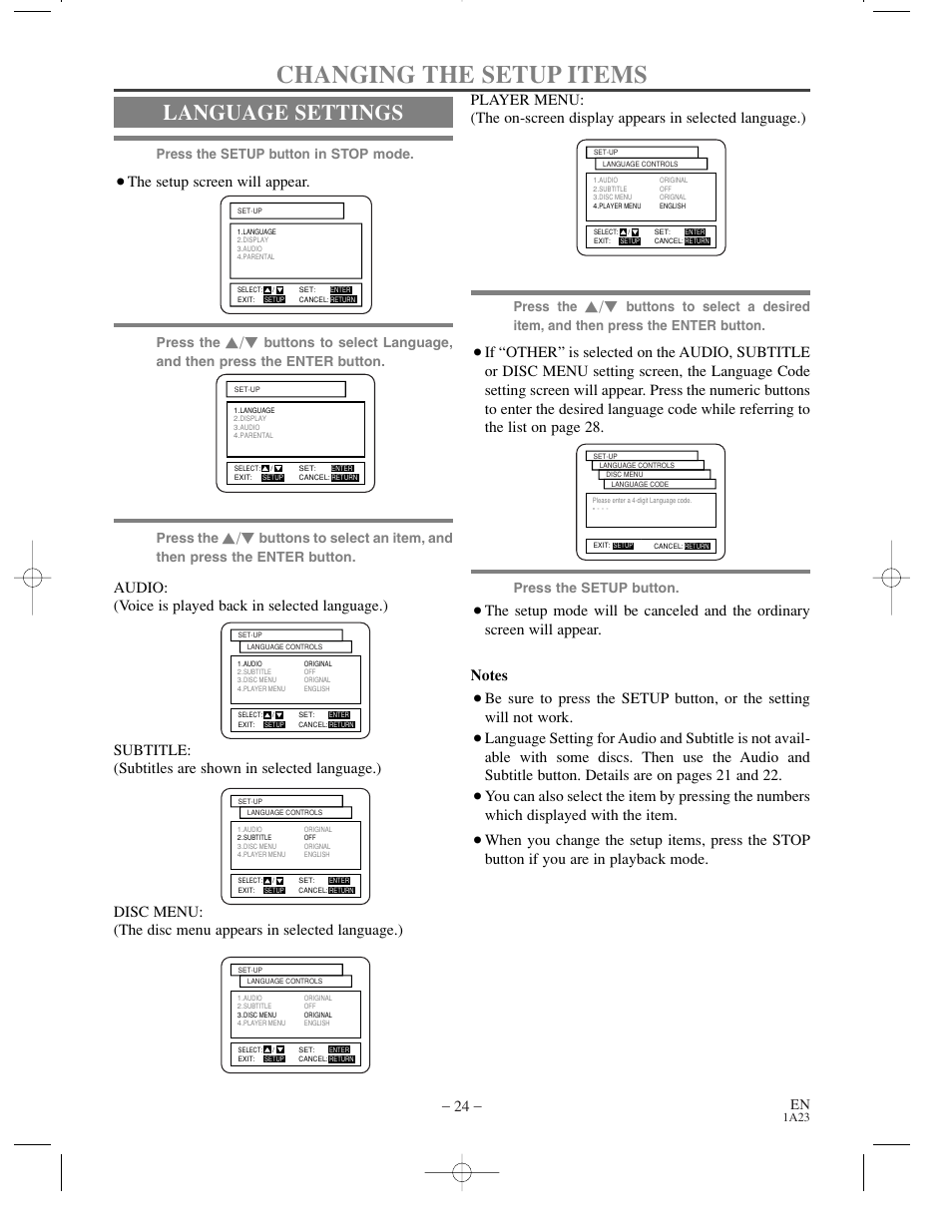 Changing the setup items, Language settings, The setup screen will appear | Press the setup button in stop mode, Press the, Press the setup button | Sylvania SRDV200 User Manual | Page 24 / 36