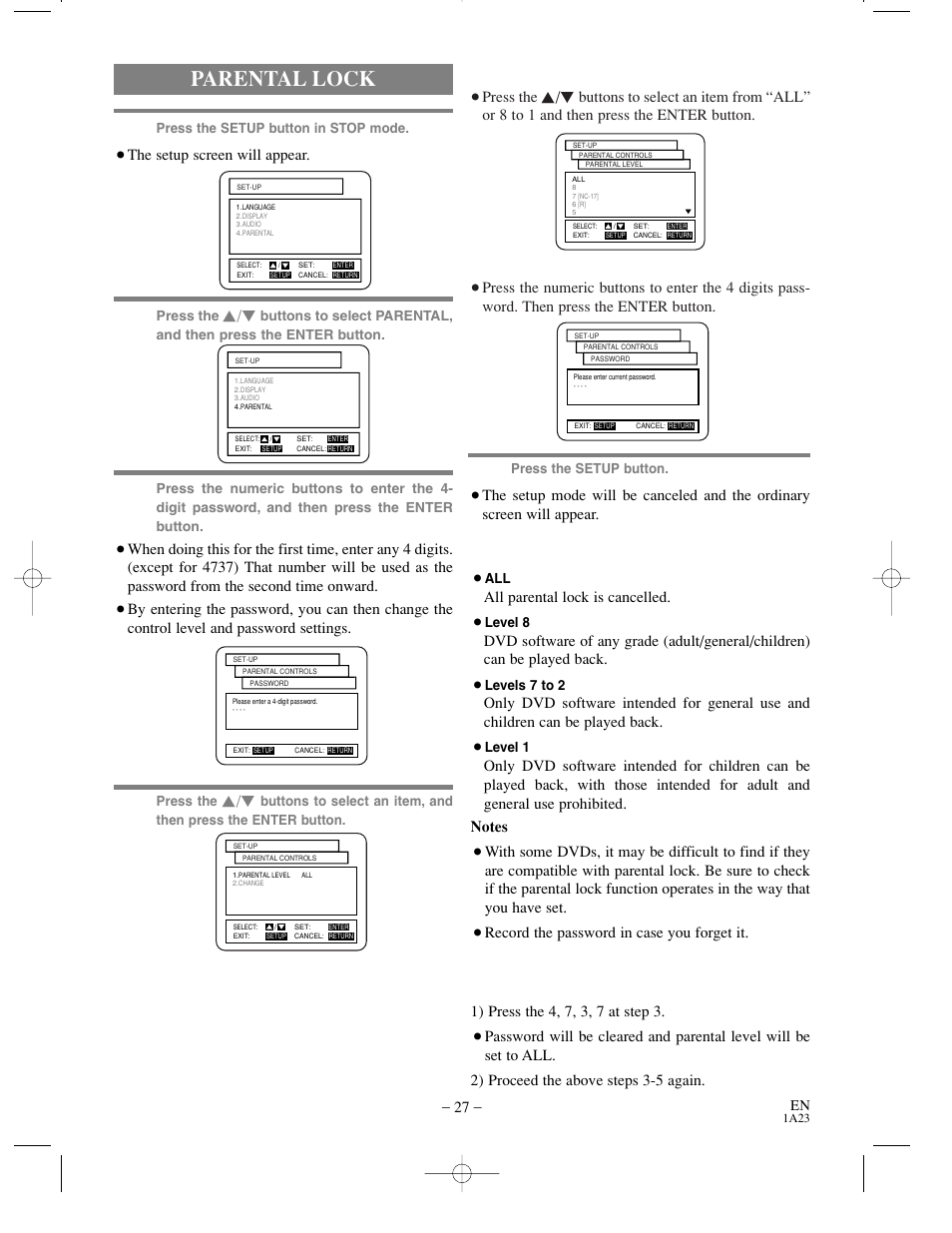 Parental lock, When “parental level” is selected, When “change” is selected | Control levels, If you forget the password, Press the, All parental lock is cancelled, Record the password in case you forget it, The setup screen will appear | Sylvania SRDV200 User Manual | Page 27 / 36